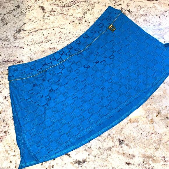 St John | Sport SJ Monogram Fabric Print Blue Swim Skirt w Gold Trim Small EUC - Picture 2 of 10